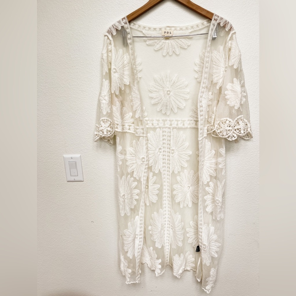 POL Cream Floral Lace Embroidered Kimono